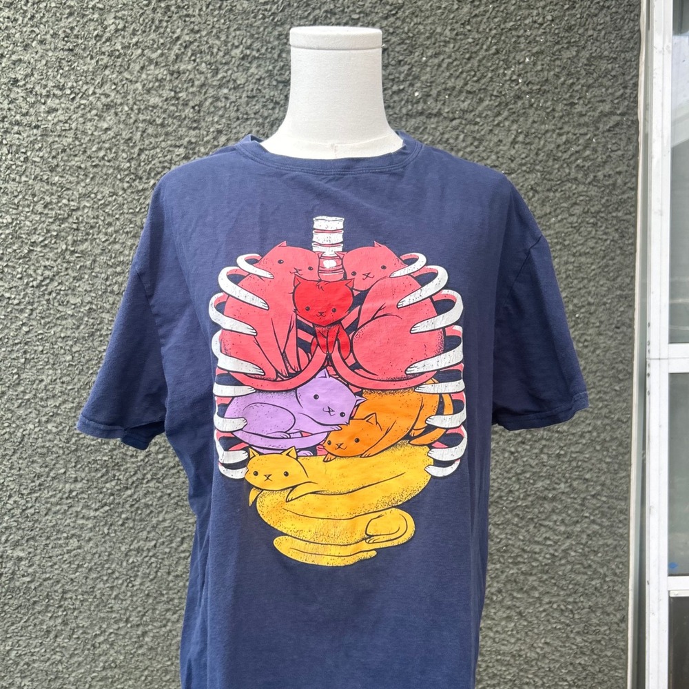 Black Matter Anatomical Cats Skeleton Graphic T-Shirt XL Navy Blue Hot Topic